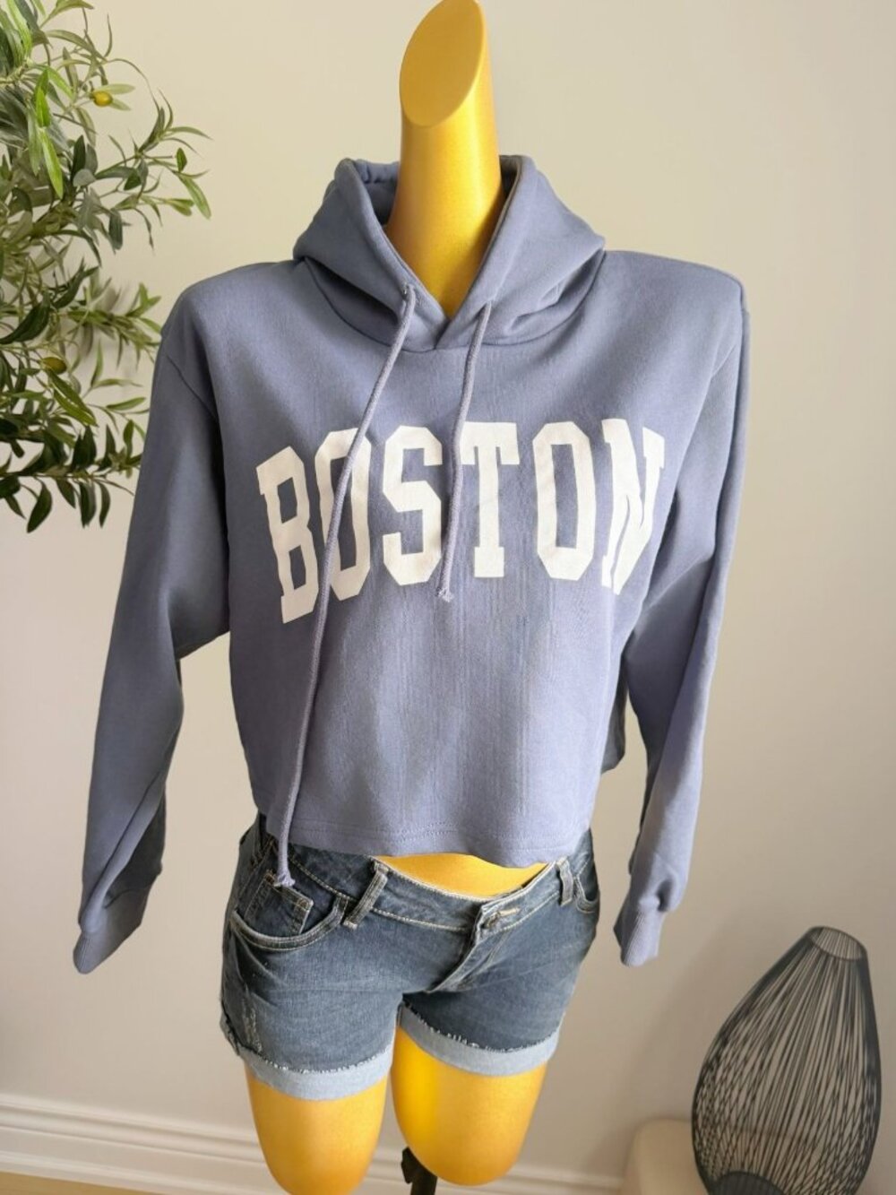 Boston Dusty Blue Cropped Graphic Hoodie Size M